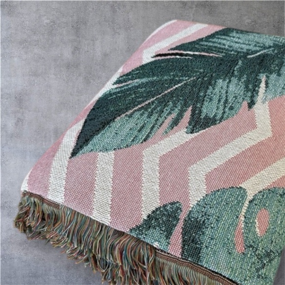 SETESBIEN Boho Woven Jacquard Throw Blanket – Tropical Leaf – 71x134